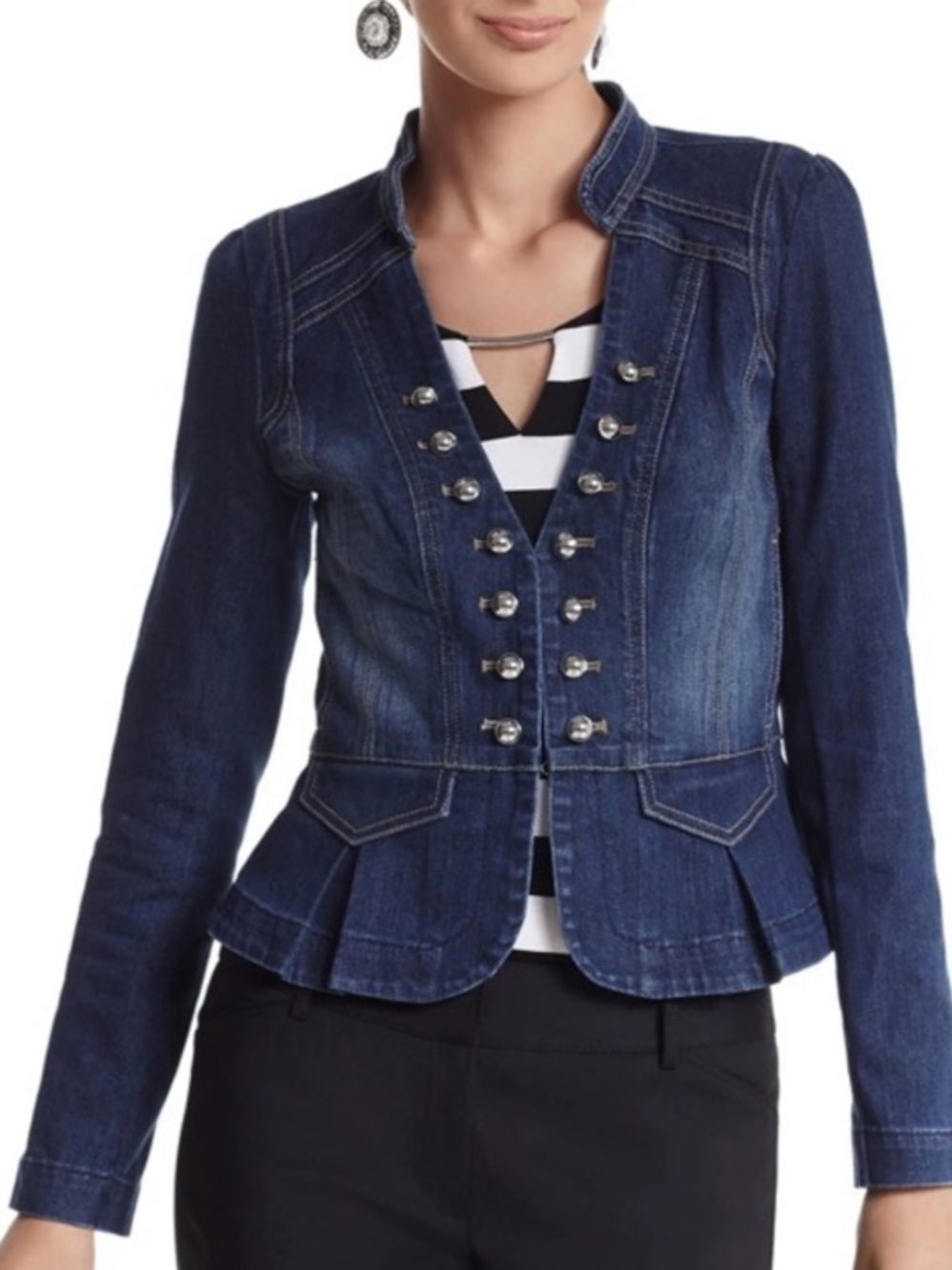 Rare! WHBM White House Black Market Military Peplum Dark Wash Denim Jacket